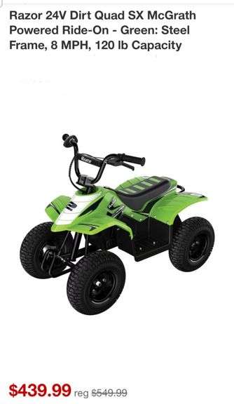 Razor 24V Dirt Quad SX McGrath Powered Ride-On - Green: Steel Frame, 8 MPH, 120 lb Capacity