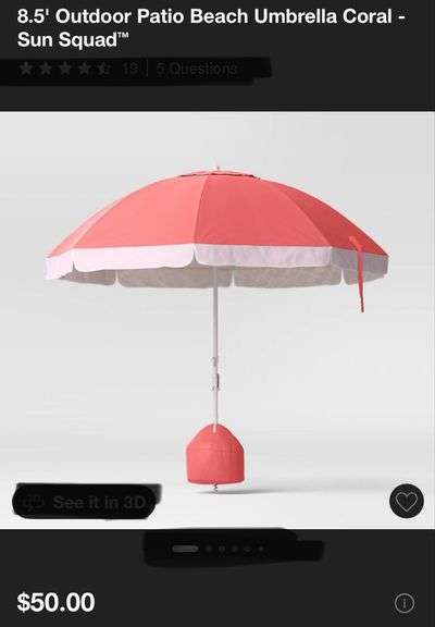 Sun Squad 8.5’ Outdoor Patio Beach Umbrella