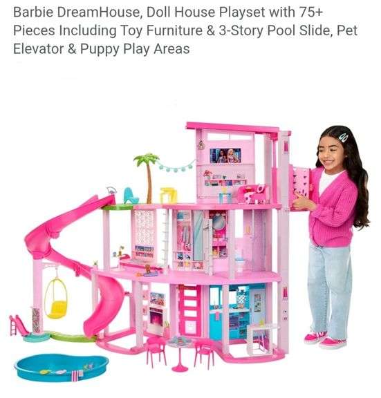 Barbie DreamHouse, Doll House Playset with 75+ Pieces Including Toy Furniture & 3-Story Pool Slide, Pet Elevator & Puppy Play Areas