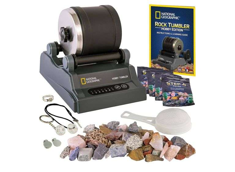 National Geographic Rock Tumbler Kit – Hobby Edition Includes Rough Gemstones, and 4 Polishing Grits, Great STEM Science Kit for Geology Enthusiasts, Rock Polisher for Kids and Adults