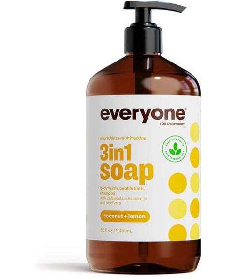Everyone 3-in-1 Soap, Body Wash, Bubble Bath, Shampoo, 32 Ounce (Pack of 2)-Coconut and Lemon, made with Essential Oils for Men and Women