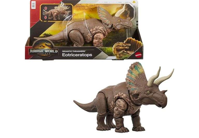 Mattel Jurassic World Rebirth Gigantic Thrashers Eotriceratops Dinosaur Figure Toy, Large Species, 2 Tail Activated Rampage Attacks, Digital Play