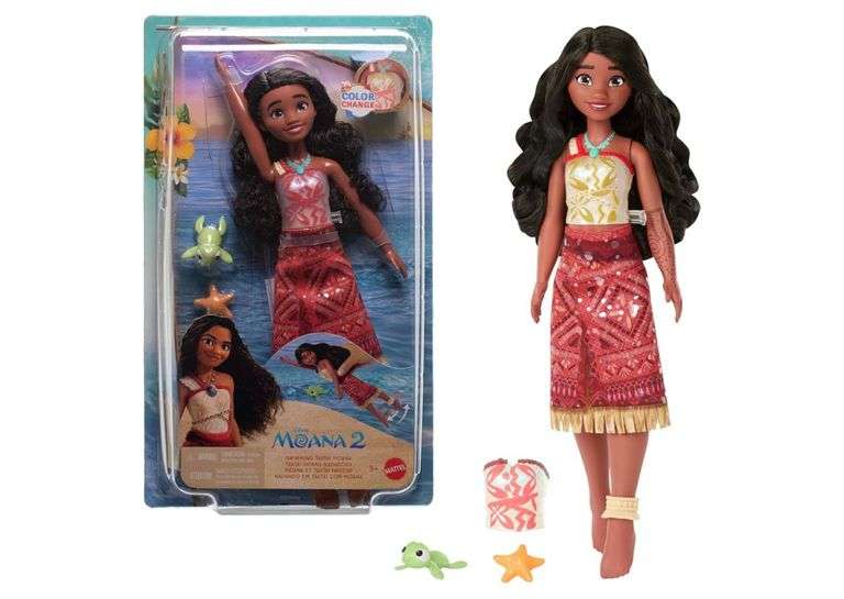 Mattel Disney Moana 2 Toys, Swimming Tautai Moana Fashion Doll with 2 Accessories, Color-Change Bodice & Kicking Legs, Inspired by The Movie