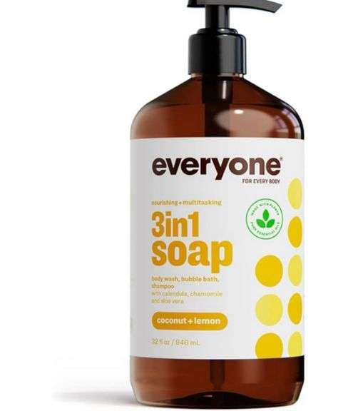 Everyone 3-in-1 Soap, Body Wash, Bubble Bath, Shampoo, 32 Ounce (Pack of 2)-Coconut and Lemon, made with Essential Oils for Men and Women