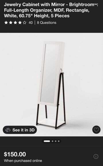 Jewelry Cabinet with Mirror - Brightroom™® Full-Length Organizer, MDF, Rectangle, White, 60.75" Height, 5 Pieces