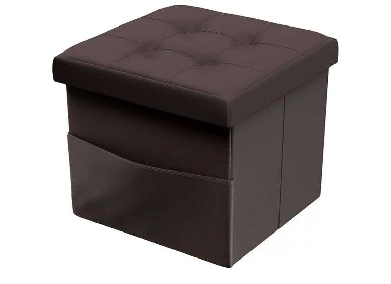 Lavish Home Foldable Storage Cube Ottoman with Pocket – Tufted Faux Leather Footrest Organizer for Bedroom, Living Room, Dorm or RV, Chocolate Brown