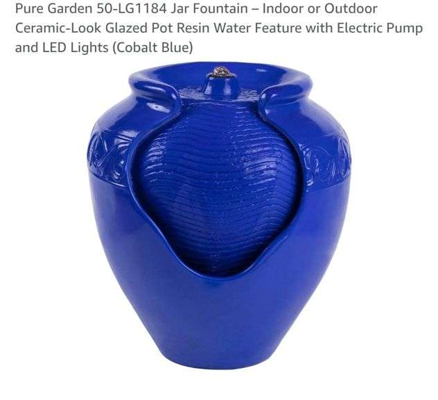 Pure Garden 50-LG1184 Jar Fountain – Indoor or Outdoor Ceramic-Look Glazed Pot Resin Water Feature with Electric Pump and LED Lights (Cobalt Blue)