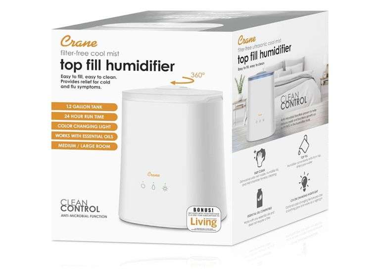 Crane Top Fill Ultrasonic Cool Mist Humidifier for Bedroom and Large Rooms, 1.2 Gallon Essential Oil Diffuser with Nightlight and Auto Shut-Off