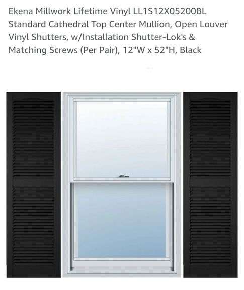 Ekena Millwork Lifetime Vinyl LL1S12X05200BL Standard Cathedral Top Center Mullion, Open Louver Vinyl Shutters, w/Installation Shutter-Lok's & Matching Screws (Per Pair), 12"W x 52"H, Black