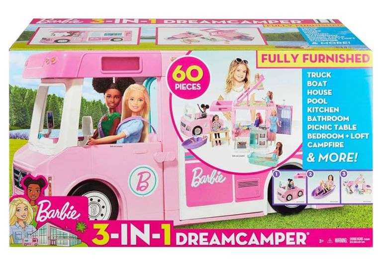Barbie Camper Playset, 3-in-1 DreamCamper with Pool & 50 Accessories, Transforms into Doll-Sized Truck, Boat & House (Amazon Exclusive)