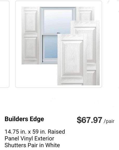 RRAD!! Builders Edge 14.75 in. x 59 in. Raised Panel Vinyl Exterior Shutters Pair in White One Pair