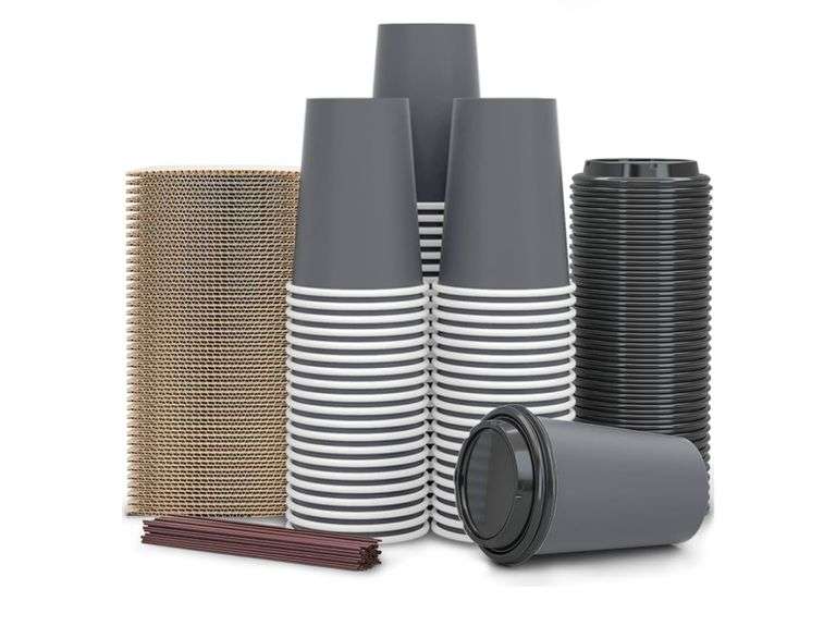【100 Pack - 12 oz Disposable Coffee Cups To Go with Lids Sleeves and ...