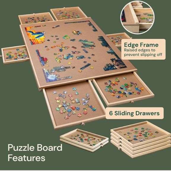 PlayVibe Puzzle Locker 1500 Piece Puzzle Board with Drawers and Cover - Solve Station - Sturdy Puzzles Table with 6 Drawers 27" x 35" - Jigsaw Portable Wooden Puzzles Tray Accessories