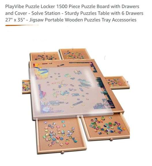 PlayVibe Puzzle Locker 1500 Piece Puzzle Board with Drawers and Cover - Solve Station - Sturdy Puzzles Table with 6 Drawers 27" x 35" - Jigsaw Portable Wooden Puzzles Tray Accessories