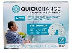 QuickChange Men's Incontinence Wrap, 1 Week Supply (35 Count), Catheter Alternative and/or Adult Diaper Insert for Men with Reduced Mobility, Maximum Absorbency, OSFA