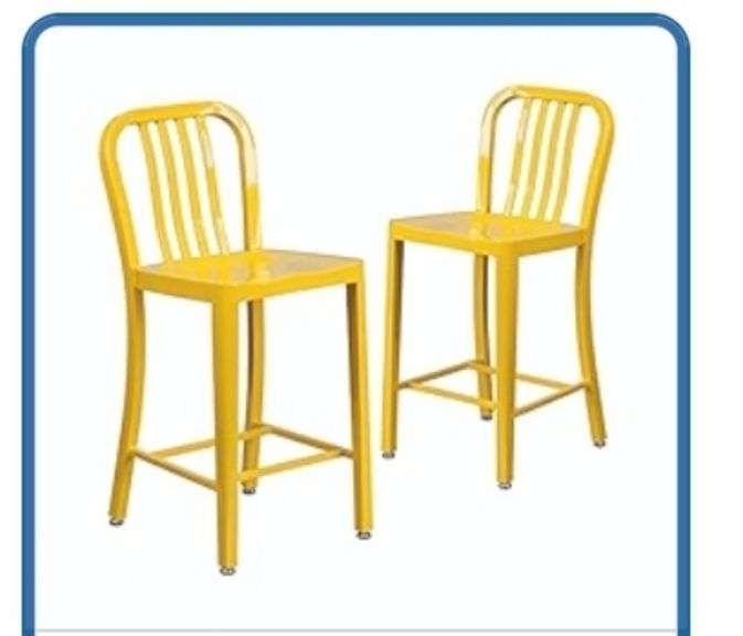 Flash Furniture Commercial Grade 24" High Yellow Metal Indoor-Outdoor Counter Height Stool with Vertical Slat Back 2pk