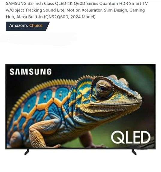 SAMSUNG 32-Inch Class QLED 4K Q60D Series Quantum HDR Smart TV w/Object Tracking Sound Lite, Motion Xcelerator, Slim Design, Gaming Hub, Alexa Built-in (QN32Q60D, 2024 Model)