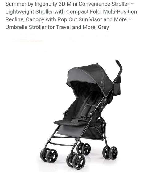 Summer by Ingenuity 3D Mini Convenience Stroller – Lightweight Stroller with Compact Fold, Multi-Position Recline, Canopy with Pop Out Sun Visor and More – Umbrella Stroller for Travel and More, Gray