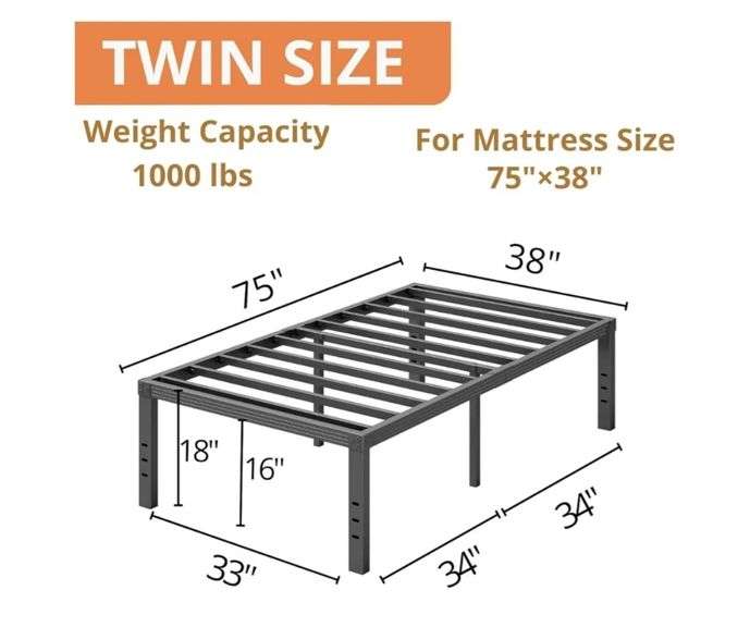 ZIYOO Twin Bed Frames, 18 Inches Platform Bed Frame, 1000lbs Heavy Duty Steel Slat, Non-Slip Design, No Box Spring Needed, Easy Assembly, Quiet Noise Free, Under Bed Storage Space, Black