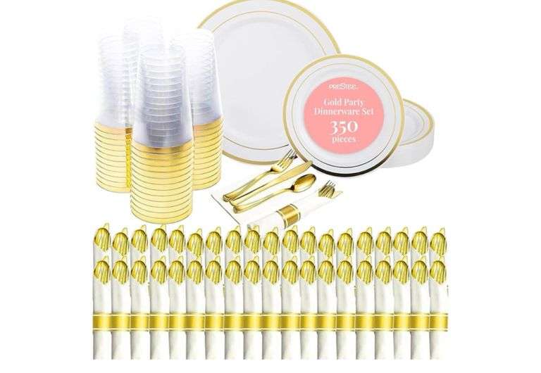 Prestee 350-Piece Engagement Party Decorations Disposable Dinnerware Set for 50 Guests - Fancy Plastic Dinner Ware Sets with Plates, Cups, Forks, Knives, Spoons - White and Gold Dinnerware Set