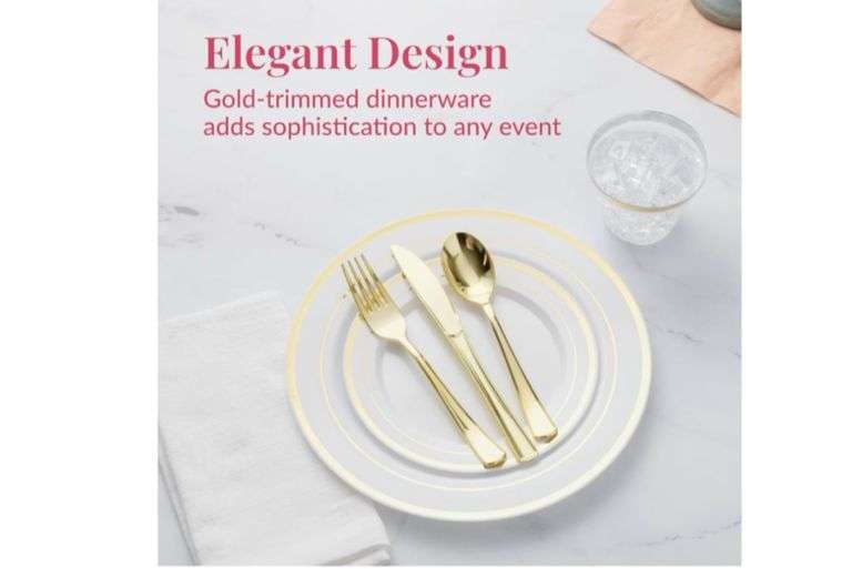 Prestee 350-Piece Engagement Party Decorations Disposable Dinnerware Set for 50 Guests - Fancy Plastic Dinner Ware Sets with Plates, Cups, Forks, Knives, Spoons - White and Gold Dinnerware Set