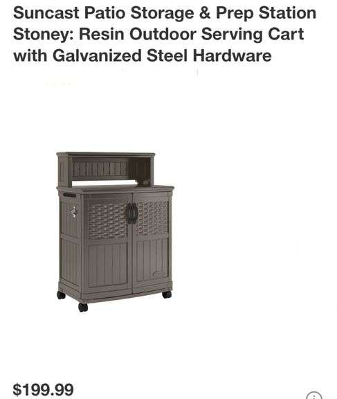 Suncast Patio Storage & Prep Station Stoney: Resin Outdoor Serving Cart with Galvanized Steel Hardware