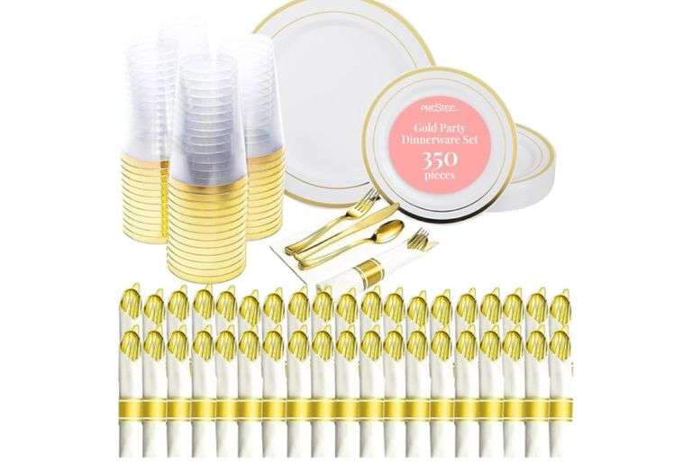 Prestee 350-Piece Engagement Party Decorations Disposable Dinnerware Set for 50 Guests - Fancy Plastic Dinner Ware Sets with Plates, Cups, Forks, Knives, Spoons - White and Gold Dinnerware Set