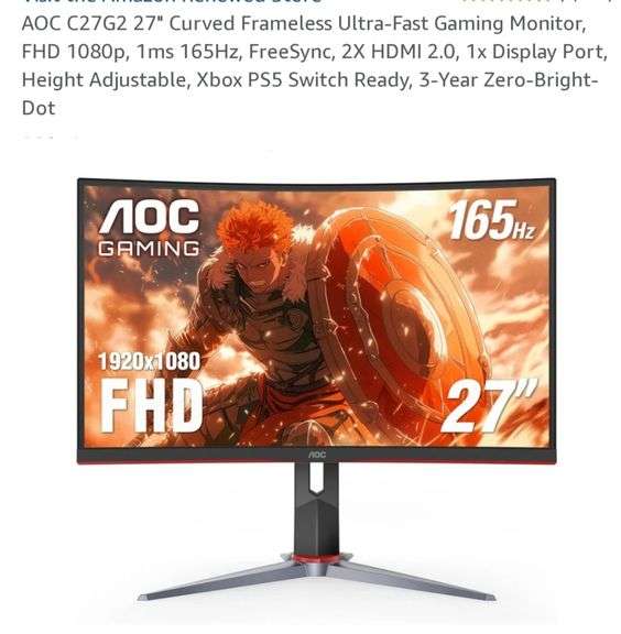 AOC C27G2 27" Curved Frameless Ultra-Fast Gaming Monitor, FHD 1080p, 1ms 165Hz, FreeSync, 2X HDMI 2.0, 1x Display Port, Height Adjustable, Xbox PS5 Switch Ready, 3-Year Zero-Bright-Dot