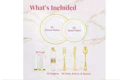 Prestee 350-Piece Engagement Party Decorations Disposable Dinnerware Set for 50 Guests - Fancy Plastic Dinner Ware Sets with Plates, Cups, Forks, Knives, Spoons - White and Gold Dinnerware Set