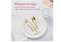Prestee 350-Piece Engagement Party Decorations Disposable Dinnerware Set for 50 Guests - Fancy Plastic Dinner Ware Sets with Plates, Cups, Forks, Knives, Spoons - White and Gold Dinnerware Set