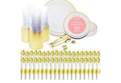 Prestee 350-Piece Engagement Party Decorations Disposable Dinnerware Set for 50 Guests - Fancy Plastic Dinner Ware Sets with Plates, Cups, Forks, Knives, Spoons - White and Gold Dinnerware Set