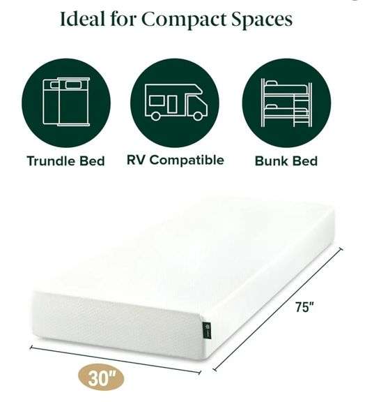 ZINUS 6 Inch Green Tea Memory Foam Mattress, 75” x 30” (Slim Fit), Trundle & Bunk Bed, Day Bed, RV Compatible, Medium Firm