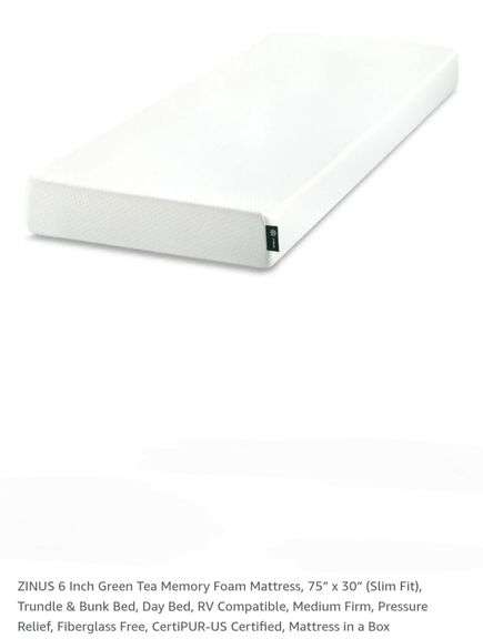 ZINUS 6 Inch Green Tea Memory Foam Mattress, 75” x 30” (Slim Fit), Trundle & Bunk Bed, Day Bed, RV Compatible, Medium Firm