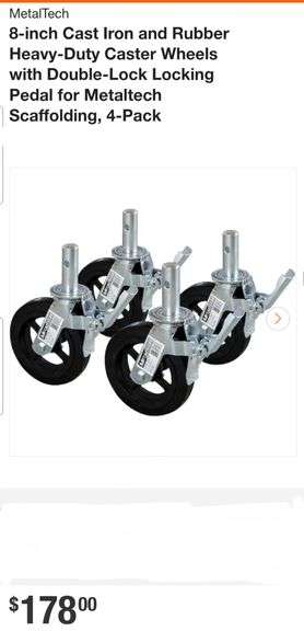 MetalTech 8-inch Cast Iron and Rubber Heavy-Duty Caster Wheels with Double-Lock Locking Pedal for Metaltech Scaffolding, 4-Pack
