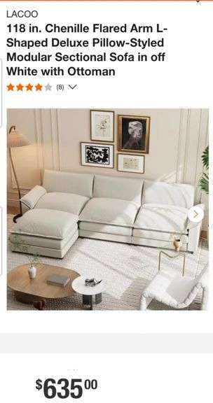 LACOO 118 in. Chenille Flared Arm L-Shaped Deluxe Pillow-Styled Modular Sectional Sofa in off White with Ottoman