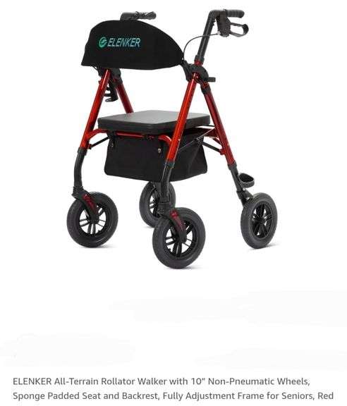 ELENKER All-Terrain Rollator Walker with 10” Non-Pneumatic Wheels, Sponge Padded Seat and Backrest, Fully Adjustment Frame for Seniors, Red