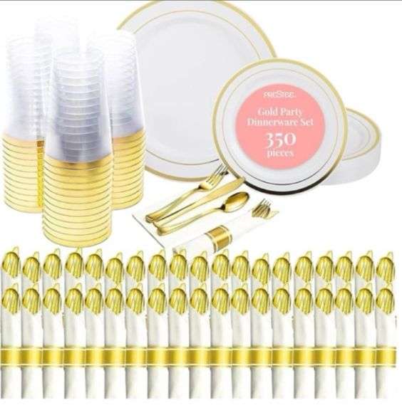 Prestee 350-Piece Engagement Party Decorations Disposable Dinnerware Set for 50 Guests - Fancy Plastic Dinner Ware Sets with Plates, Cups, Forks, Knives, Spoons - White and Gold Dinnerware Set