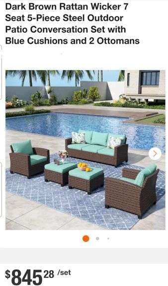 Dark Brown Rattan Wicker 7 Seat 5-Piece Steel Outdoor Patio Conversation Set with Blue Cushions and 2 Ottomans