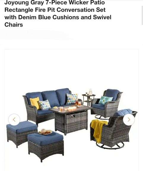 Joyoung Gray 7-Piece Wicker Patio Rectangle Fire Pit Conversation Set with Denim Blue Cushions and Swivel Chairs