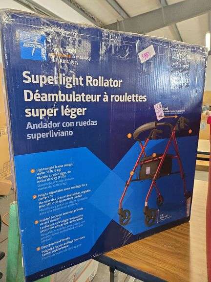 Medline Superlight Folding Aluminum Mobility Rollator Walker, Red, 250 lb. Weight Capacity, 6" Wheels, Adjustable Arms and Seat