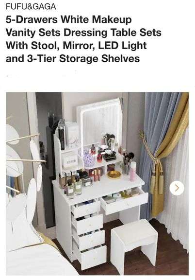 FUFU&GAGA 5-Drawers White Makeup Vanity Sets Dressing Table Sets With Stool, Mirror, LED Light and 3-Tier Storage Shelves