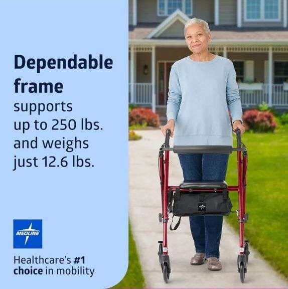 Medline Superlight Folding Aluminum Mobility Rollator Walker, Red, 250 lb. Weight Capacity, 6" Wheels, Adjustable Arms and Seat