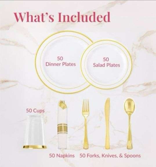Prestee 350-Piece Engagement Party Decorations Disposable Dinnerware Set for 50 Guests - Fancy Plastic Dinner Ware Sets with Plates, Cups, Forks, Knives, Spoons - White and Gold Dinnerware Set