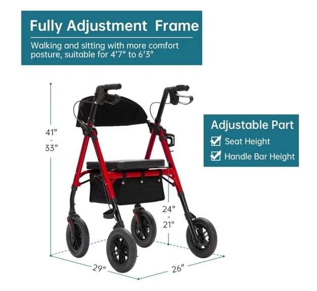 ELENKER All-Terrain Rollator Walker with 10” Non-Pneumatic Wheels, Sponge Padded Seat and Backrest, Fully Adjustment Frame for Seniors, Red