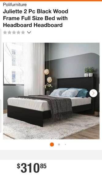 Polifurniture Juliette 2 Pc Black Wood Frame Full Size Bed with Headboard Headboard