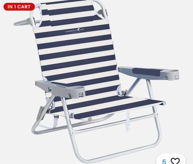 CARIBBEAN JOE Folding Beach Chair, 5 Position Portable Backpack Foldable Camping, Navy/white