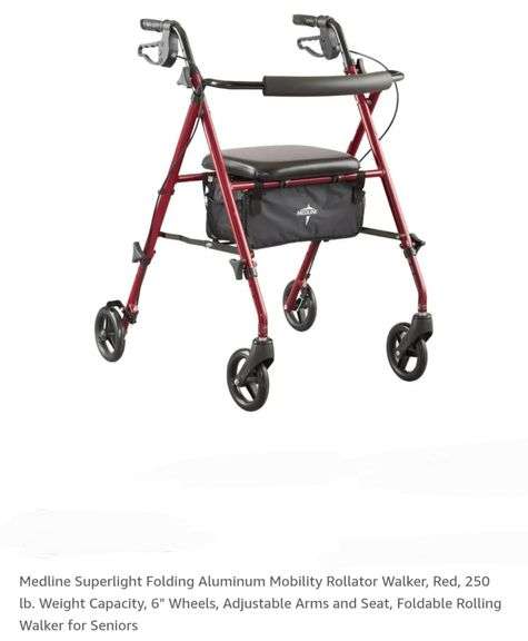 Medline Superlight Folding Aluminum Mobility Rollator Walker, Red, 250 lb. Weight Capacity, 6" Wheels, Adjustable Arms and Seat