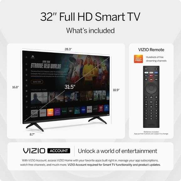 VIZIO Smart TV 32-inch 1080p, DTS Virtual X, Google Cast, Alexa Compatible, Bluetooth Audio