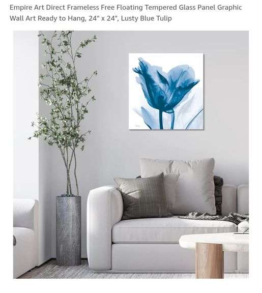 Empire Art Direct Frameless Free Floating Tempered Glass Panel Graphic Wall Art Ready to Hang, 24" x 24", Lusty Blue Tulip
