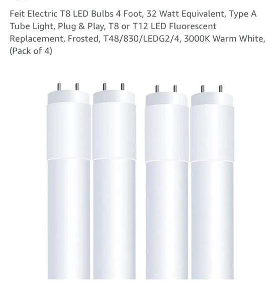 Feit Electric T8 LED Bulbs 4 Foot, 32 Watt Equivalent, Type A Tube Light, Plug & Play, T8 or T12 LED Fluorescent Replacement, Frosted, T48/830/LEDG2/4, 3000K Warm White, (Pack of 4)